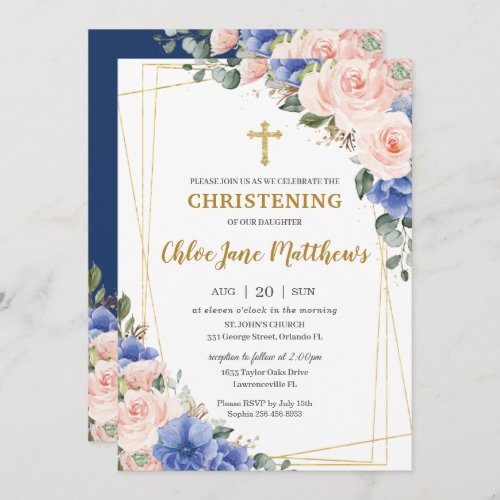 Blush Pink Blue Floral Gold Baptism Christening  I Invitation