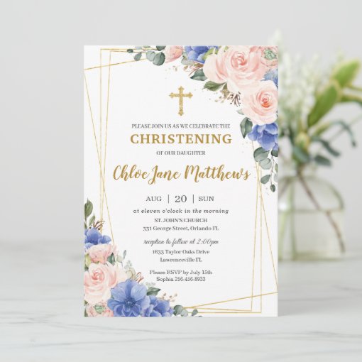 Blush Pink Blue Floral Gold Baptism Christening I Invitation | Zazzle