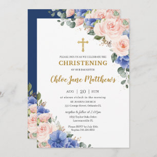 Blush Pink Blue Floral Gold Baptism Christening Invitation
