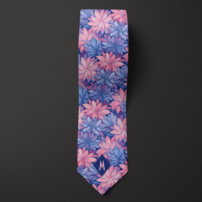 Blush Pink & Blue Floral Monogram Neck Tie (Creator Uploaded)