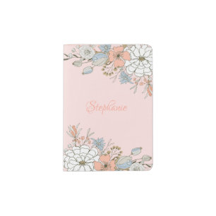 Blush Pink Blue Floral Monogram Passport Holder
