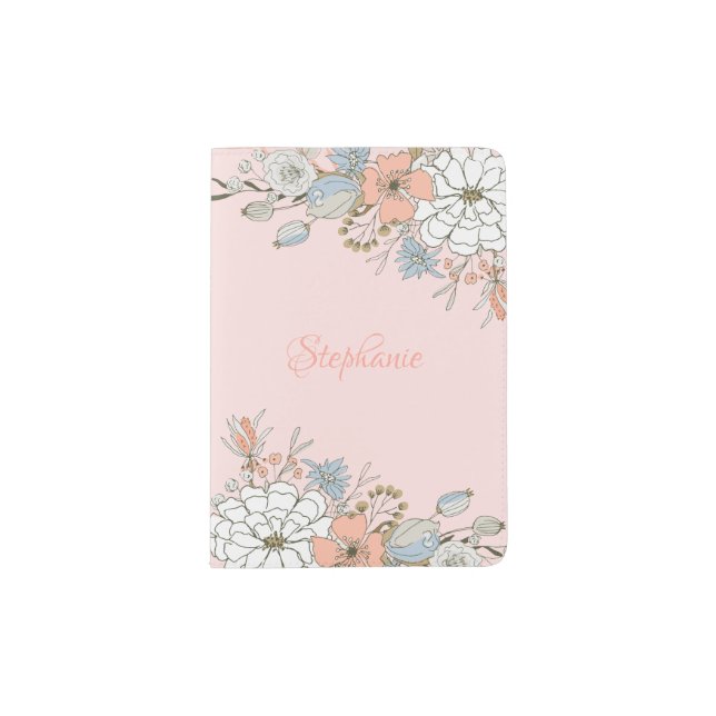 Blush Pink Blue Floral Monogram Passport Holder (Front)