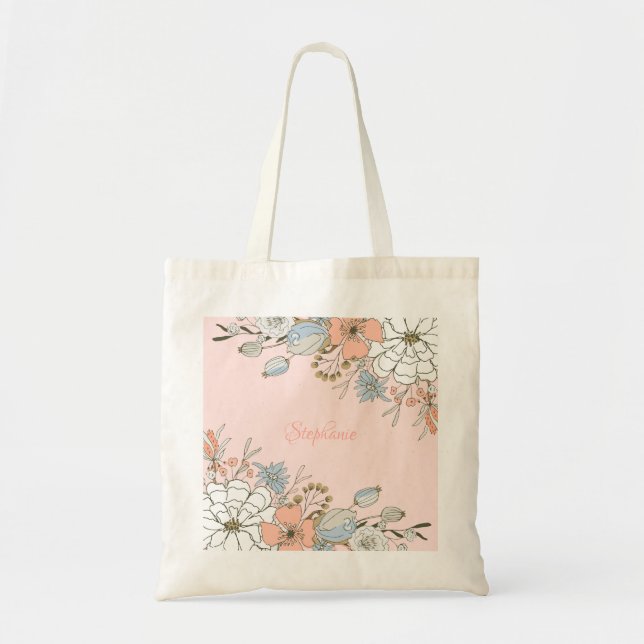 Blush Pink Blue Floral Personalized Monogram Tote Bag (Front)