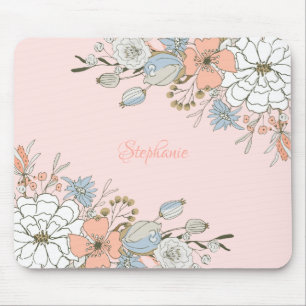 Blush Pink Blue Floral Personalized Mouse Pad
