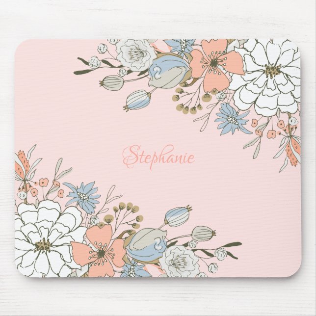 Blush Pink Blue Floral Personalized Mouse Pad (Front)
