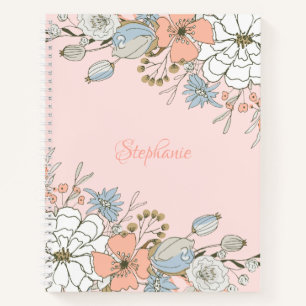 Blush Pink Blue Floral Personalized Notebook