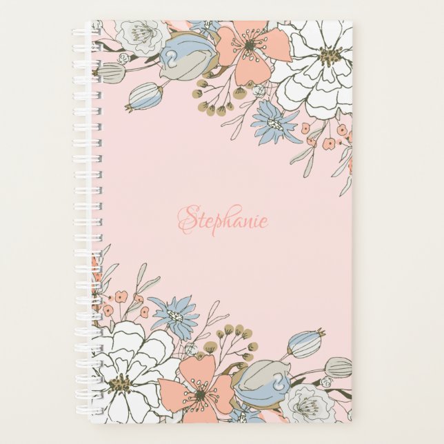 Blush Pink Blue Floral Personalized Planner (Front)