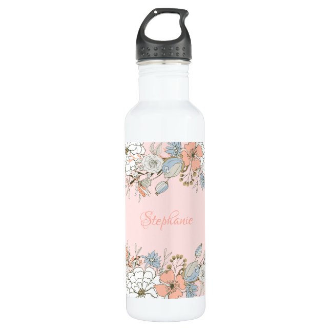 Blush Pink Blue Floral Personalized Stainless Steel Water Bottle (Front)