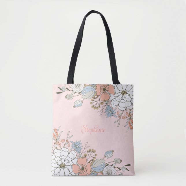 Blush Pink Blue Floral Personalized Tote Bag (Front)