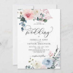 Blush Pink Blue Floral Tropical Beach Boho Wedding Invitation