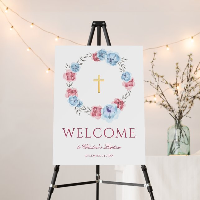 Blush Pink Blue Floral Wreath Baptism Welcome Foam Board (In Situ (Stand))
