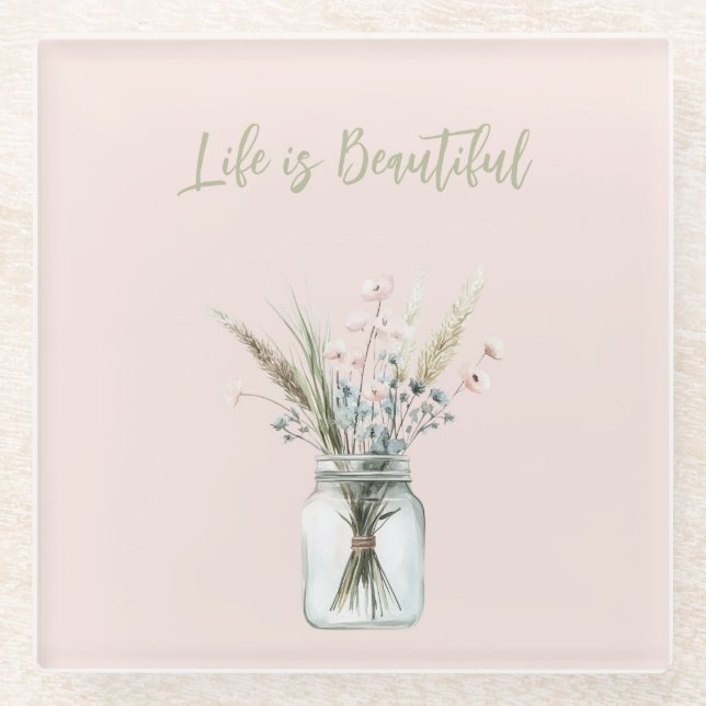 Blush Pink Blue Flowers in Jar Glass Coaster (Front)