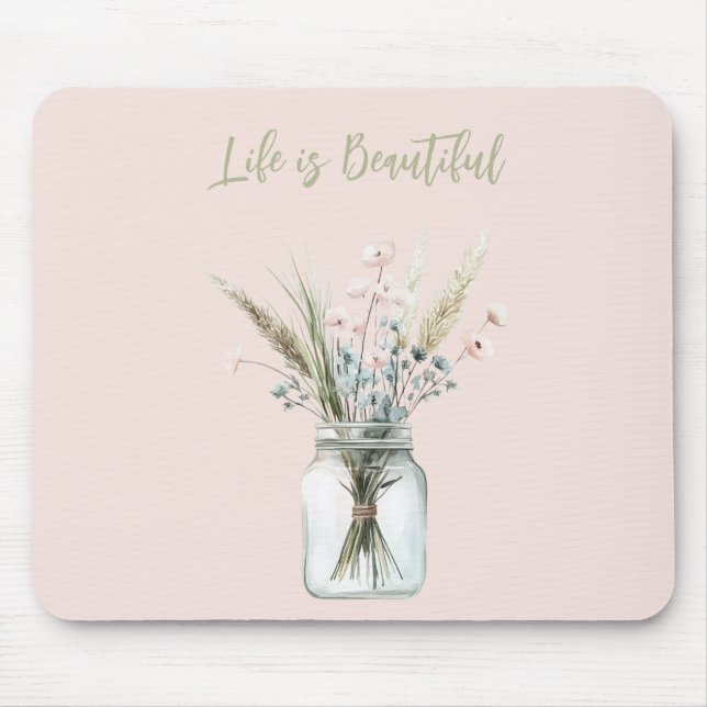 Blush Pink Blue Flowers in Jar Mouse Pad (Front)