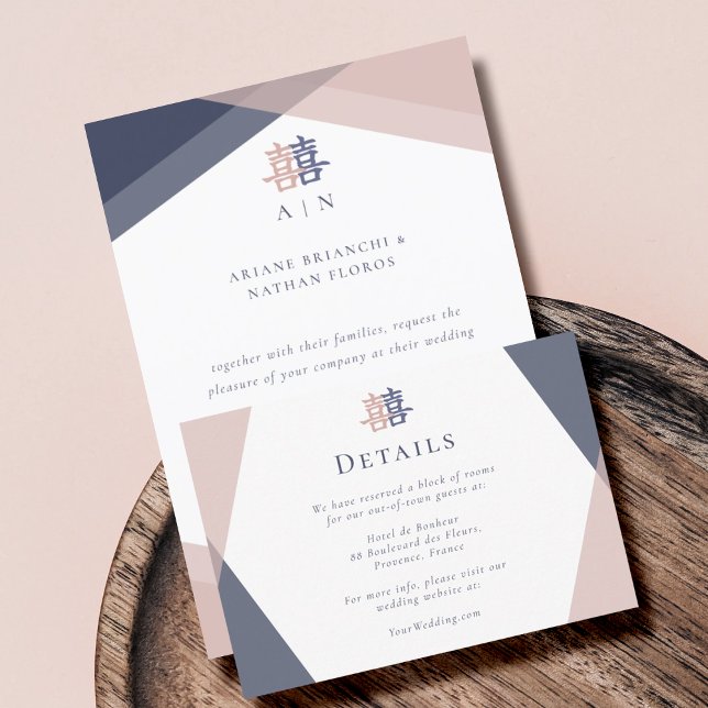 Blush Pink Blue Geometric Chinese Wedding Details  Invitation (Creator Uploaded)