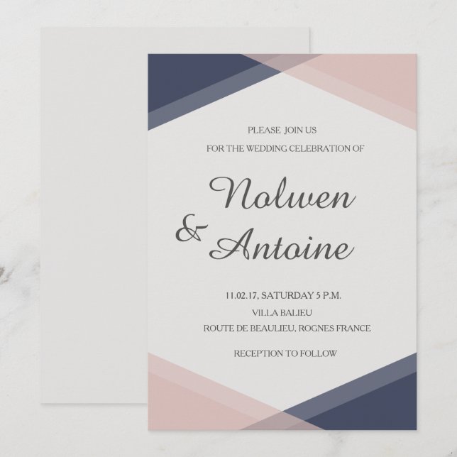 Blush pink blue geometric elegant modern wedding invitation (Front/Back)