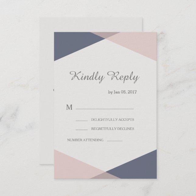 Blush pink blue geometric elegant wedding rsvp invitation (Front/Back)
