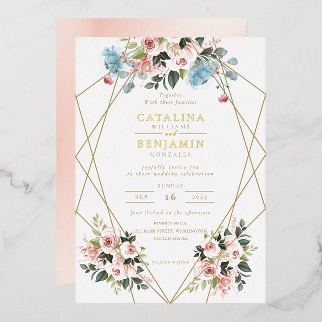 Blush Pink Blue Geometric Gold Lettering Wedding Foil Invitation (Front/Back)