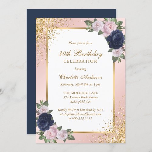 Blush Pink Blue Gold Elegant Floral 30th Birthday Invitation