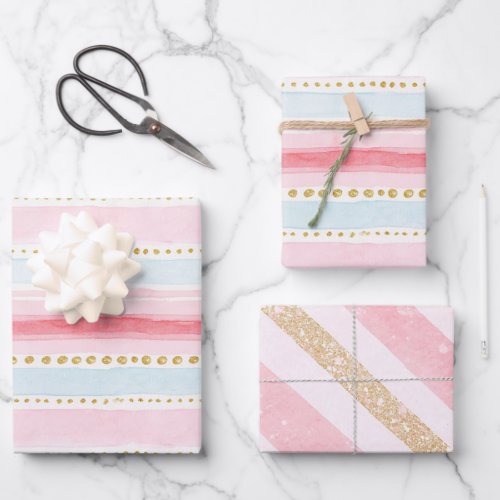 Blush Pink Blue Gold Stripes Wrapping Paper Sheets