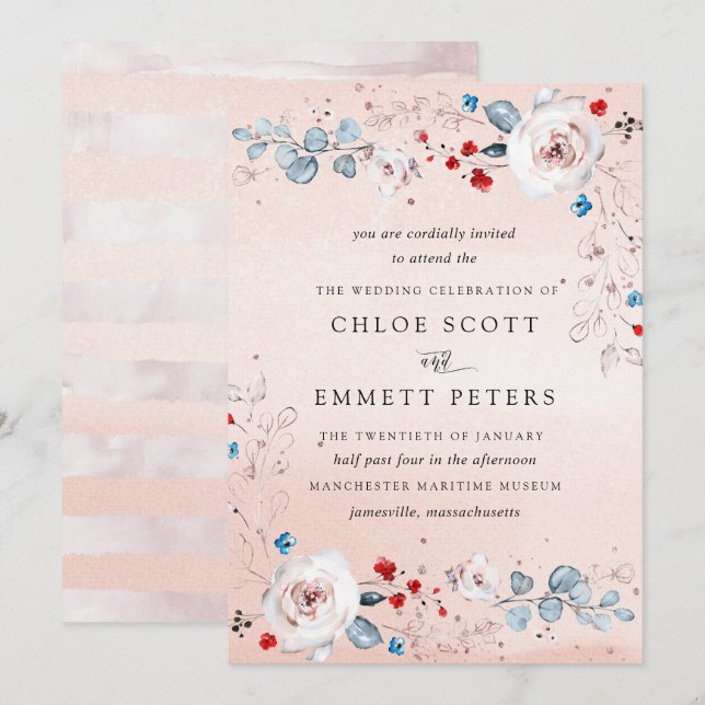 Blush Pink Blue Pastel Watercolor FloralWedding Invitation (Front/Back)