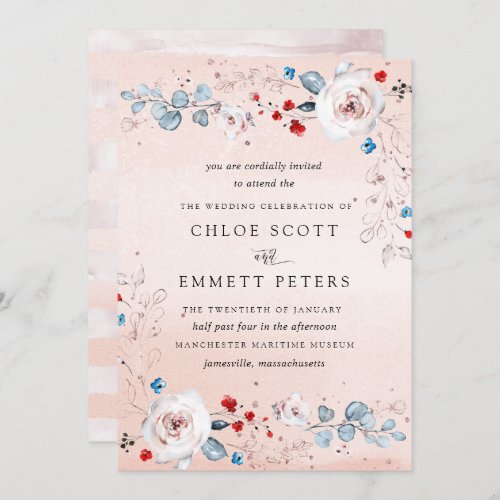 Blush Pink Blue Pastel Watercolor FloralWedding Invitation