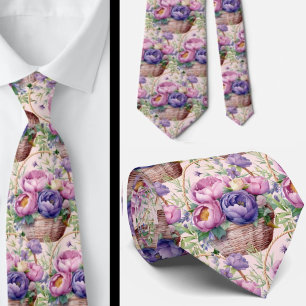 Blush Pink Blue Purple Violet Flowers Floral Neck Tie