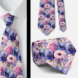 Blush Pink Blue Purple Violet Flowers Floral Neck Tie