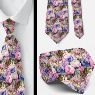 Blush Pink Blue Purple Violet Flowers Floral Neck Tie