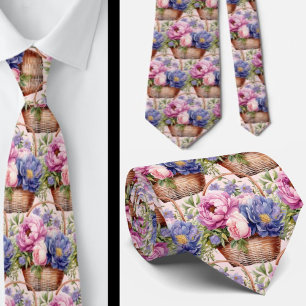 Blush Pink Blue Purple Violet Flowers Floral Neck Tie