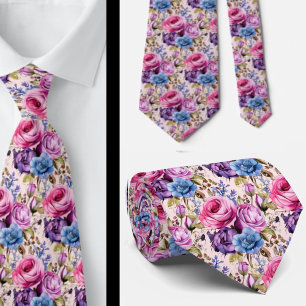Blush Pink Blue Purple Violet Flowers Floral Neck Tie