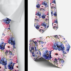 Blush Pink Blue Purple Violet Flowers Floral Neck Tie