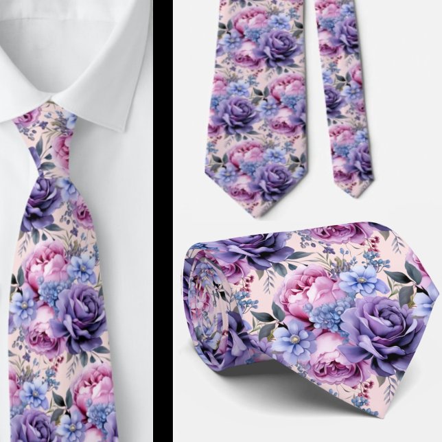 Blush Pink Blue Purple Violet Flowers Floral Neck Tie (Creator Uploaded)