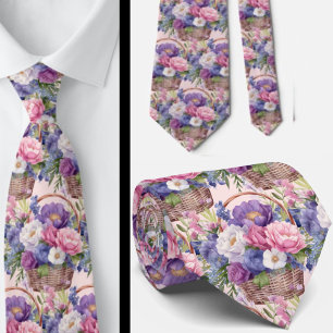 Blush Pink Blue Purple Violet Flowers Floral Neck Tie