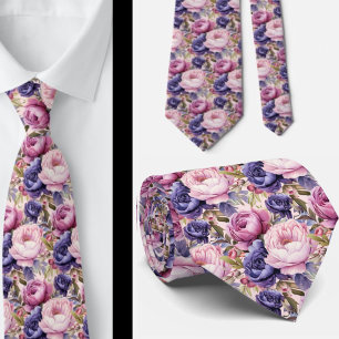 Blush Pink Blue Purple Violet Flowers Floral Neck Tie