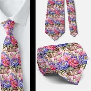 Blush Pink Blue Purple Violet Flowers Floral Neck Tie
