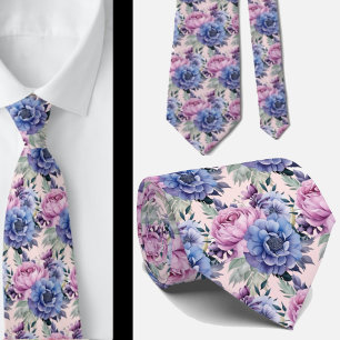 Blush Pink Blue Purple Violet Flowers Floral Neck Tie