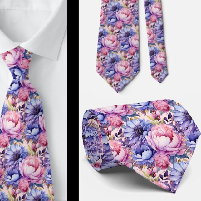 Blush Pink Blue Purple Violet Flowers Floral Neck Tie (Creator Uploaded)