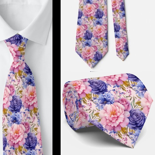 Blush Pink Blue Purple Violet Flowers Floral Neck Tie (Creator Uploaded)