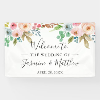 Blush Pink Blue Roses Peonies Floral Wedding Party Banner
