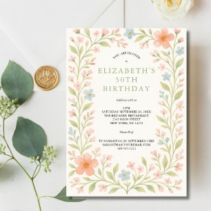 Blush Pink Blue Sage Green Floral Watercolor 50th Invitation