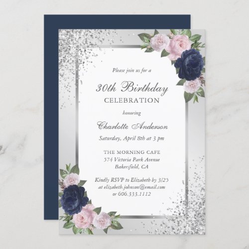 Blush Pink Blue Silver Floral 30th Birthday Invitation