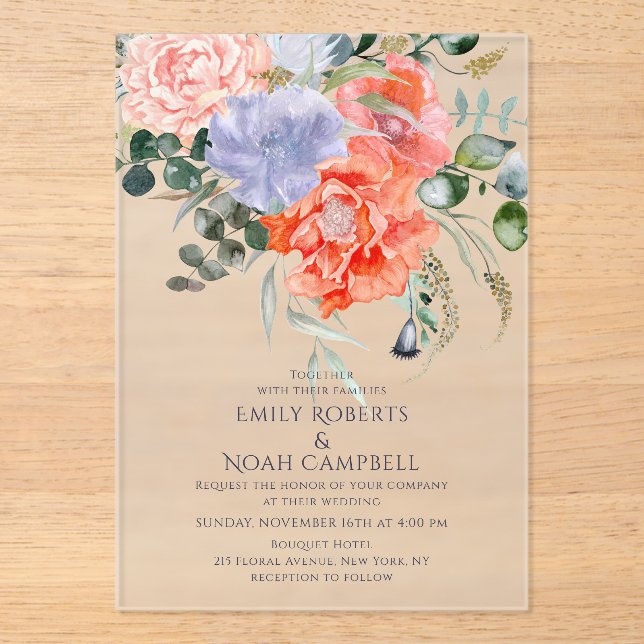 Blush Pink & Blue Watercolor Floral Wedding Acrylic Invitations (Front)