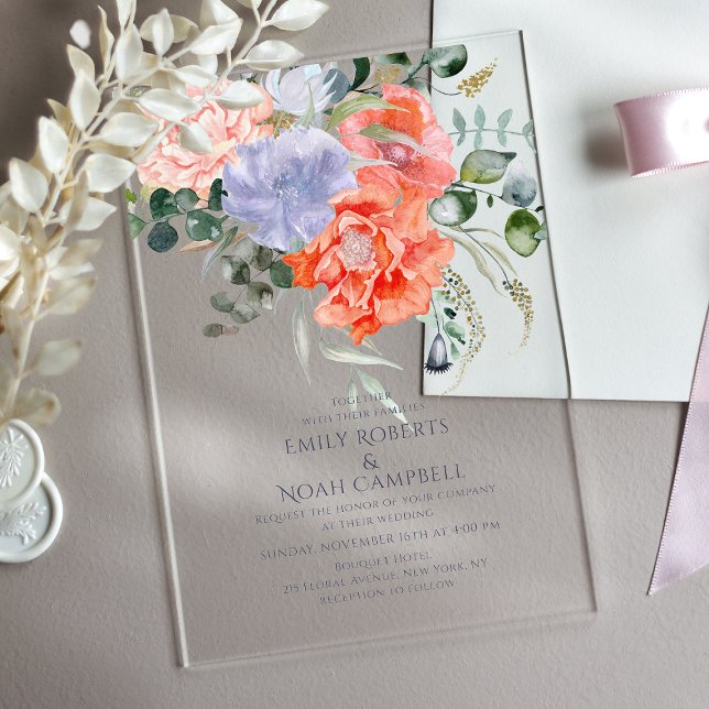 Blush Pink & Blue Watercolor Floral Wedding Acrylic Invitations (Creator Uploaded)