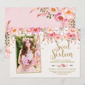 Blush Pink Bohemian Flowers Sweet 16 Birthday Invitation