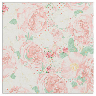 Roses Zinnia Gladiolus Floral Cotton Fabric ~Pink Peach Yellow Aqua Antique Vtg 