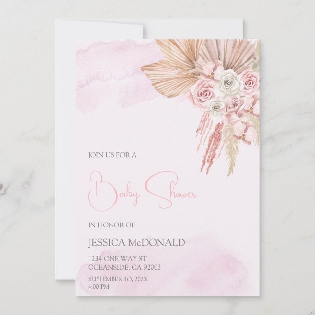 Blush  pink boho baby shower  invitation (Front)