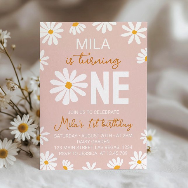 Blush Pink Boho Daisy First Birthday Invitation (Creator Uploaded)