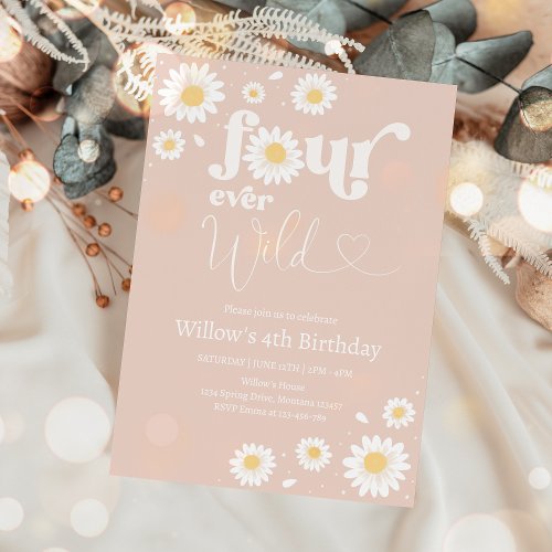 Blush Pink Boho Daisy Four Ever Wild 4th Birthday  Invitation