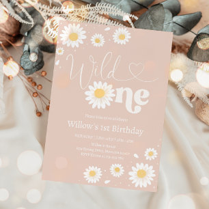 Blush Pink Boho Daisy Wild One 1st Birthday Party Invitation