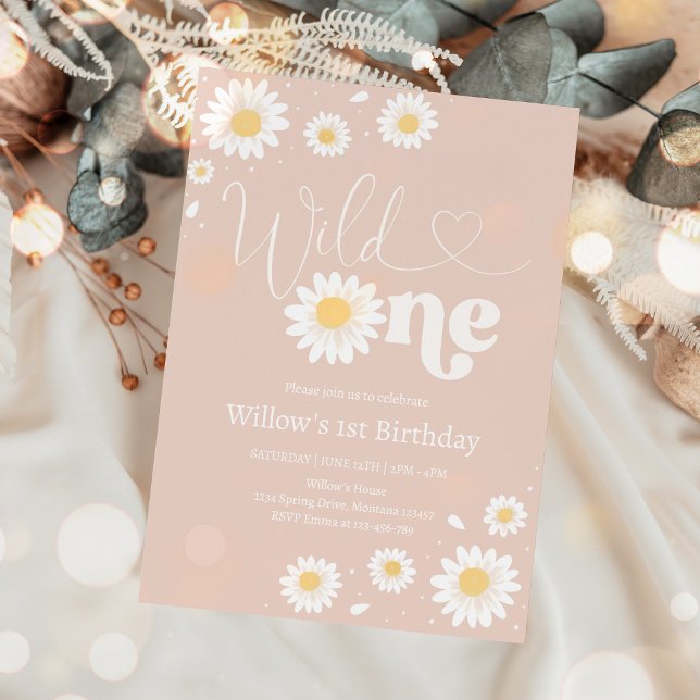 Blush Pink Boho Daisy Wild One 1st Birthday Party  Invitation (Creator Uploaded)